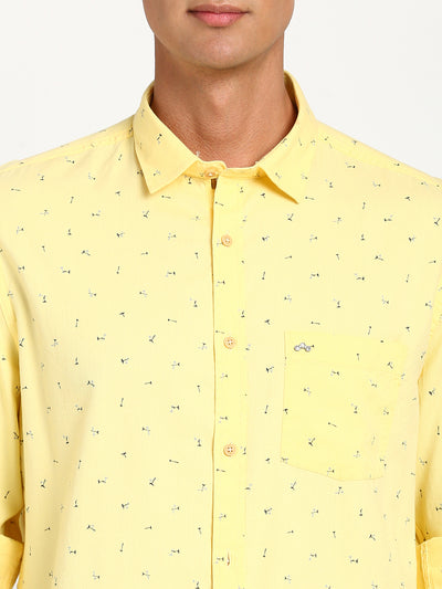 Cotton Tencel Yellow Printed Slim Fit Full Sleeve Casual Shirt