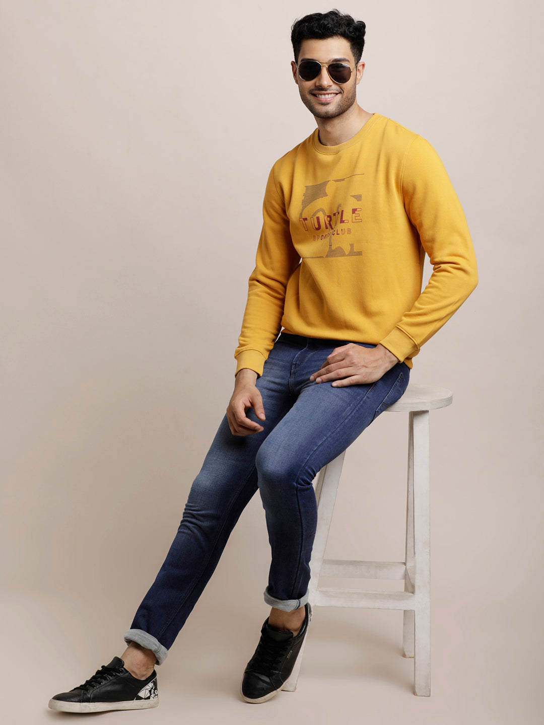 100% Cotton Yellow Plain Regular Fit Full Sleeve Casual Pullover