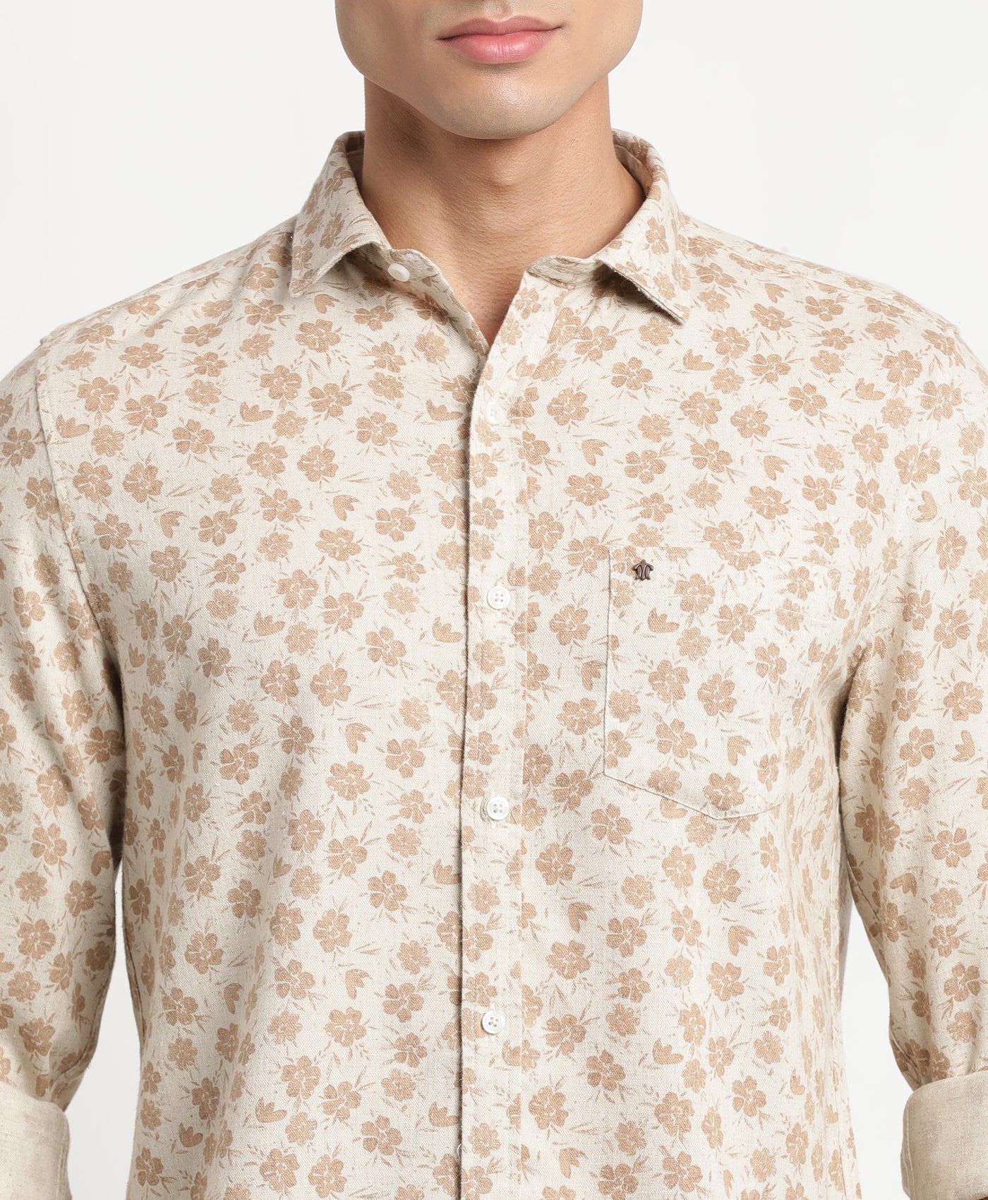 Excel Linen Khaki Printed Slim Fit Full Sleeve Casual Shirt