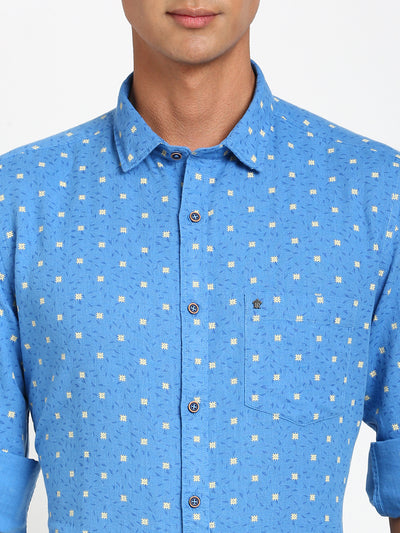 Cotton Linen Blue Printed Slim Fit Full Sleeve Casual Shirt