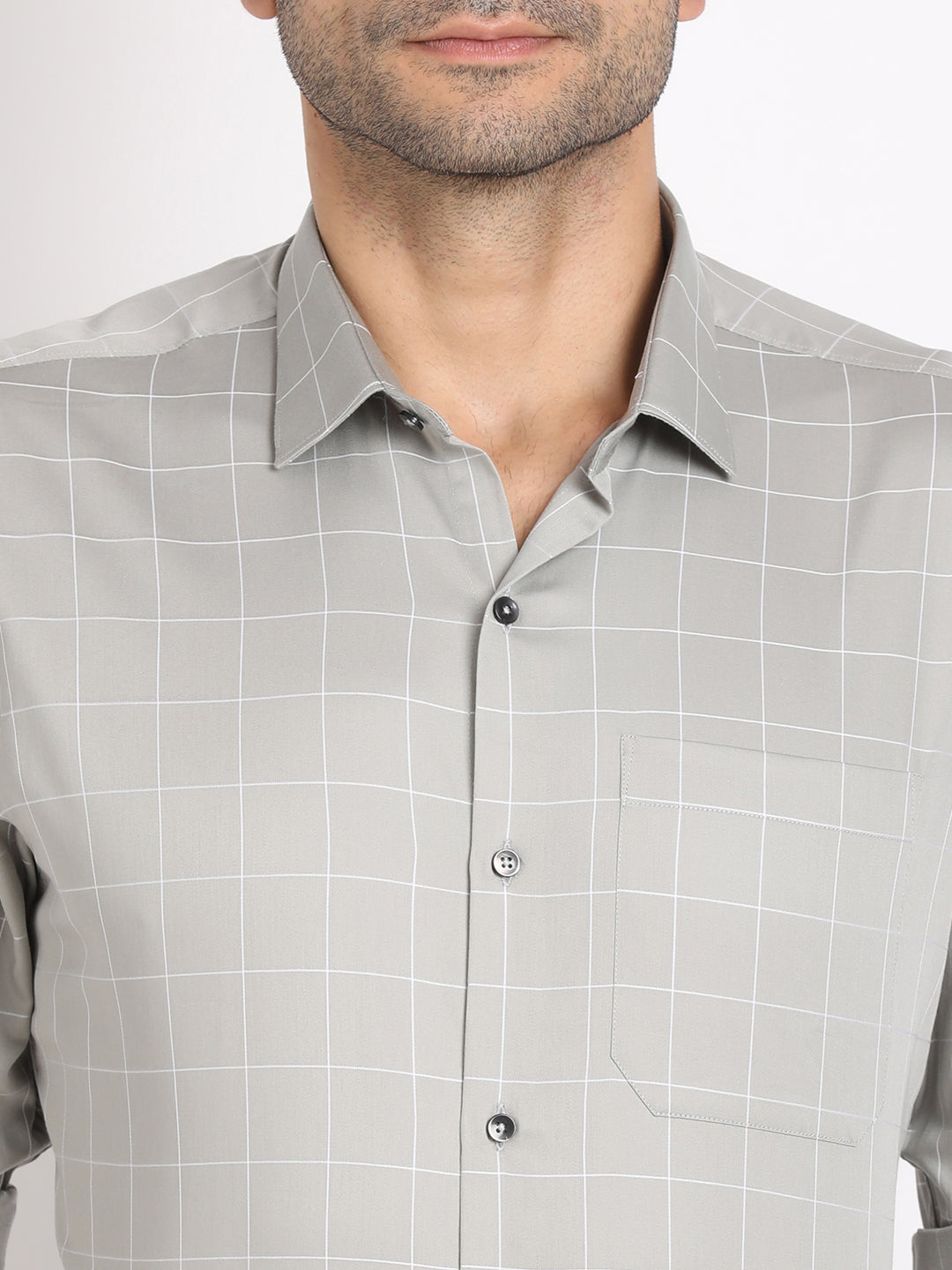 100% Cotton Grey Checkered Slim Fit Full Sleeve Formal Shirt