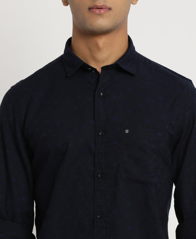 Poly Cotton Navy Blue Printed Slim Fit Full Sleeve Casual Shirt