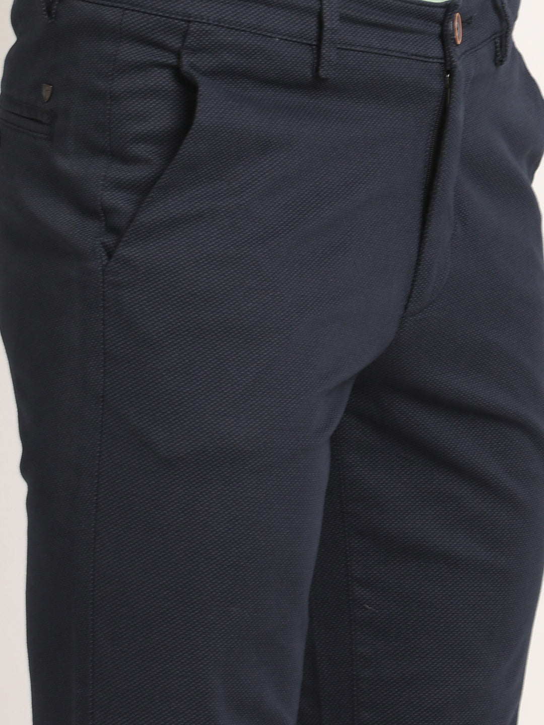 Cotton Stretch Navy Printed Ultra Slim Fit Flat Front Casual Trouser