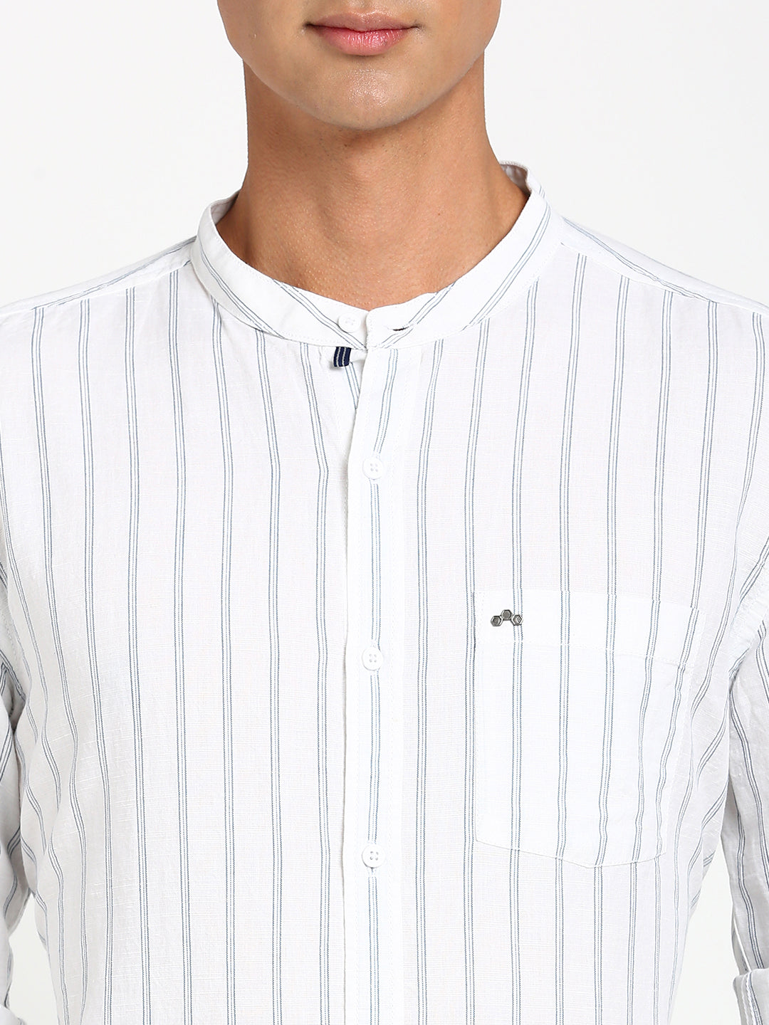 Cotton Linen White Striped Slim Fit Full Sleeve Casual Shirt