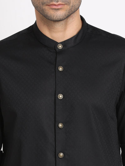 100% Cotton Black Jacquard Kurta Full Sleeve Ceremonial Shirt