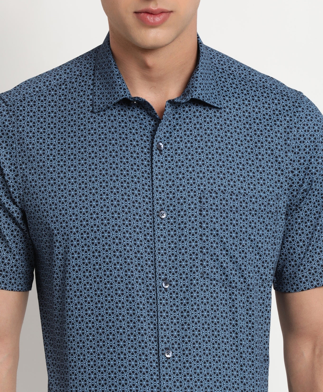 100% Cotton Blue Printed Regular Fit Half Sleeve Formal Shirt