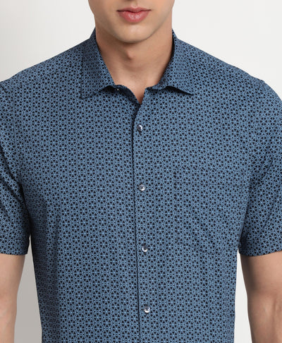 100% Cotton Blue Printed Regular Fit Half Sleeve Formal Shirt