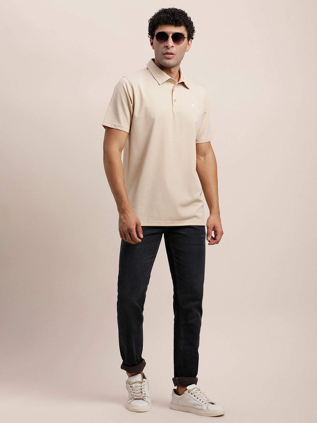 Cotton Plain Beige Polo Neck T-Shirt