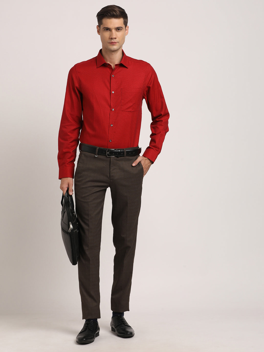 100% Cotton Red Dobby Slim Fit Full Sleeve Formal Shirt