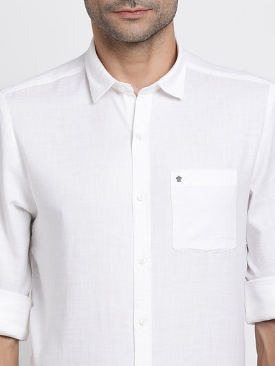 Cotton Lyocell White Plain Slim Fit Full Sleeve Casual Shirt