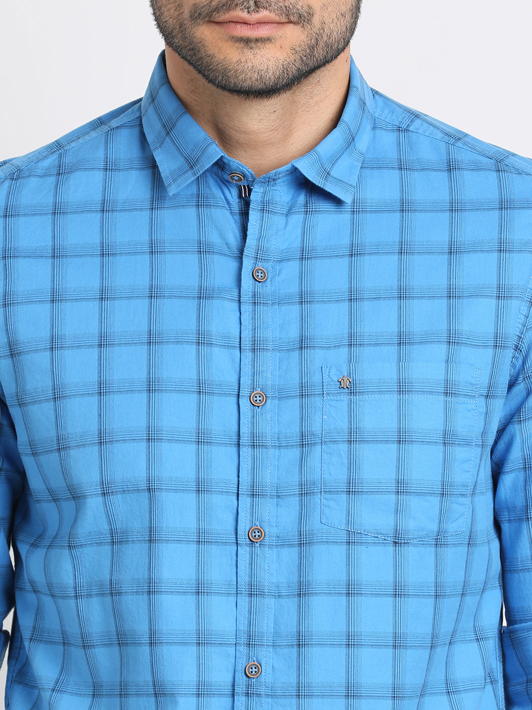 100% Cotton Sky Blue Checkered Slim Fit Full Sleeve Casual Shirt