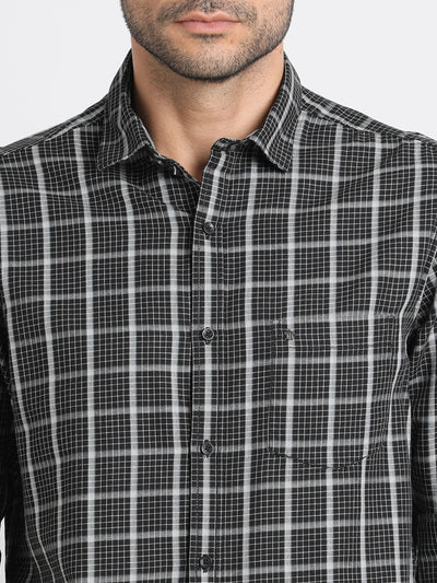 Cotton Melange Black Checkered Slim Fit Full Sleeve Casual Shirt