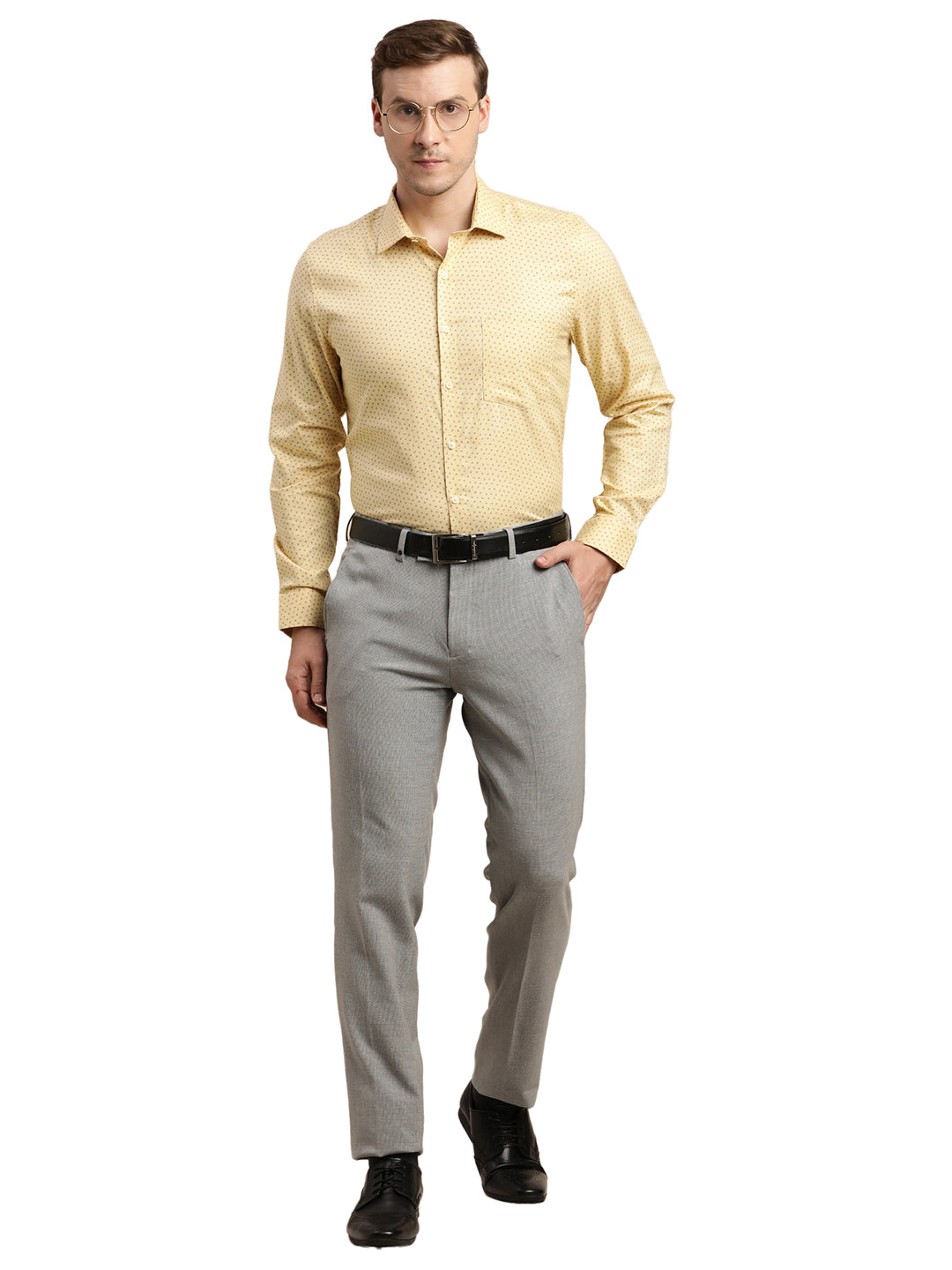 100% Cotton Yellow Printed Slim Fit Full Sleeve Formal Shirt