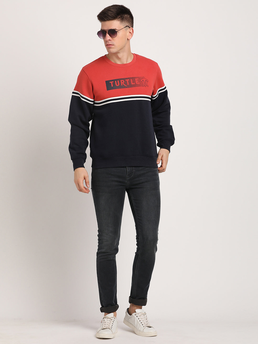 Poly Cotton Navy & Brick Red Striped Regular Fit Full Sleeve Casual Sweatshirt