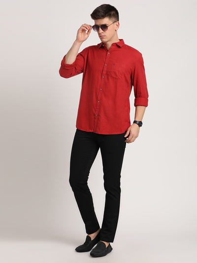 Cotton Lyocell Red Plain Slim Fit Full Sleeve Casual Shirt