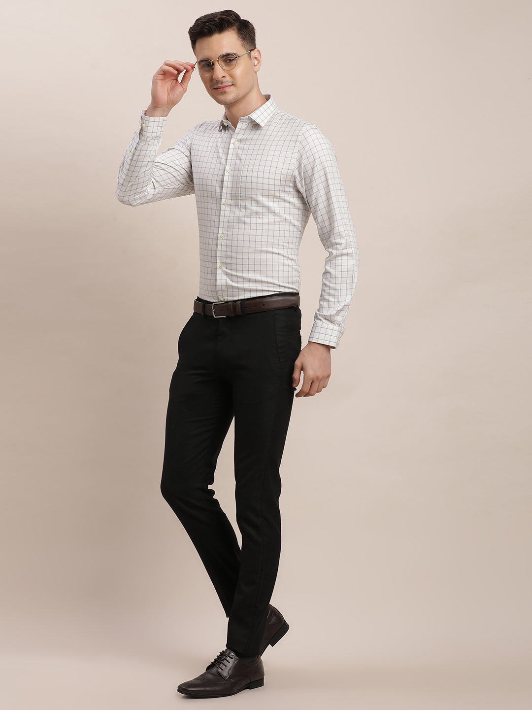 100% Cotton Grey Checkered Slim Fit Full Sleeve Formal Shirt