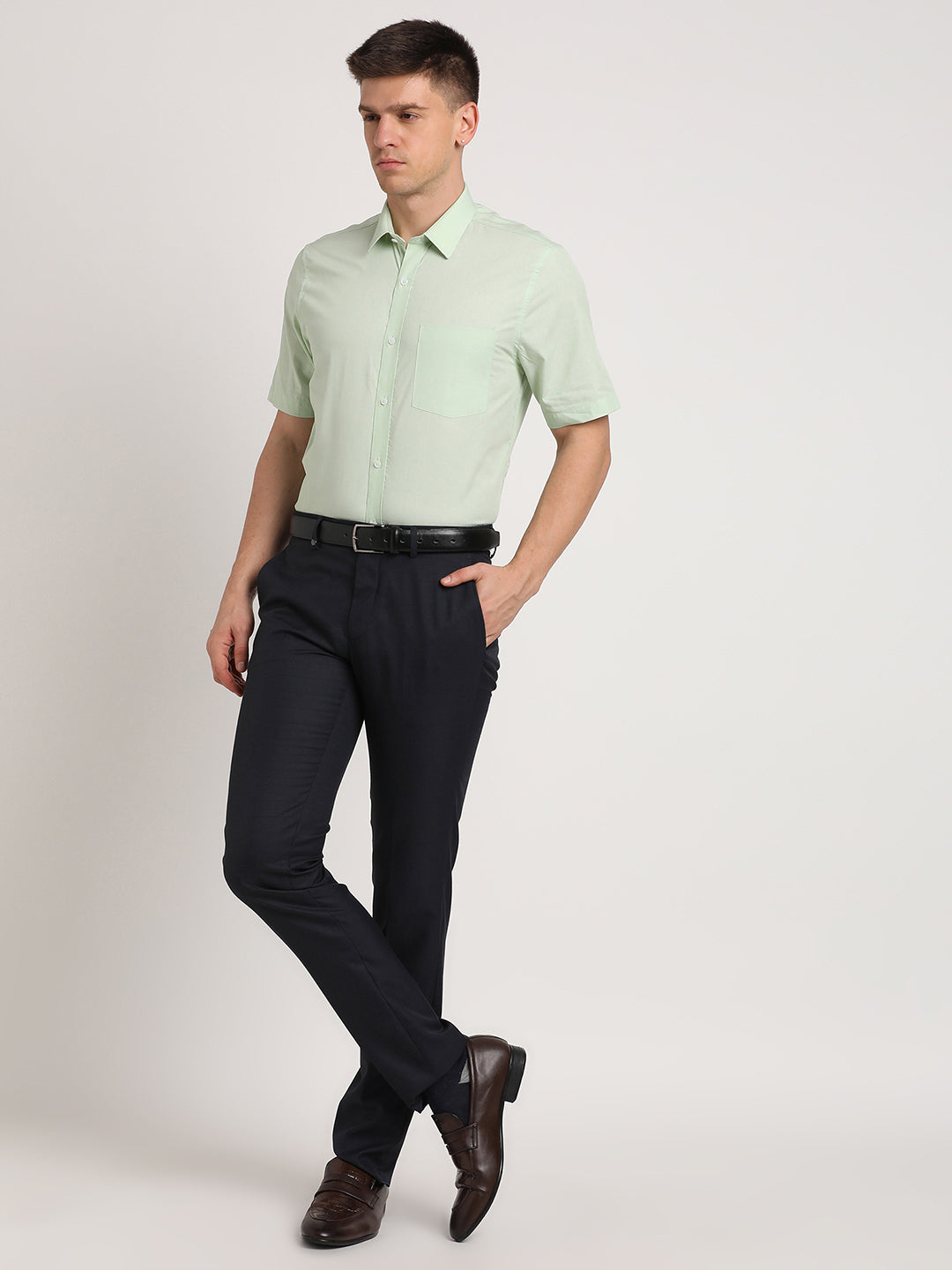 100% Cotton Mint Green Plain Slim Fit Half Sleeve Formal Shirt