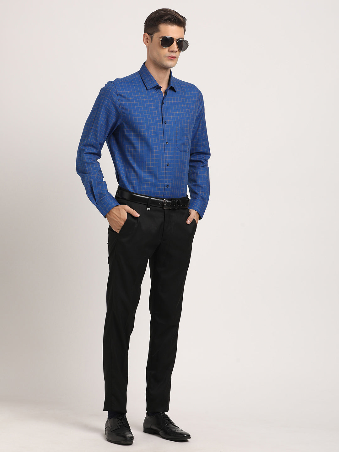 100% Cotton Blue Checkered Slim Fit Full Sleeve Formal Shirt