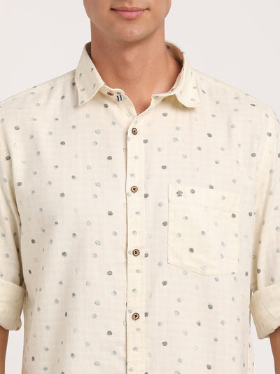 Cotton Melange Cream Printed Slim Fit Full Sleeve Casual Shirt