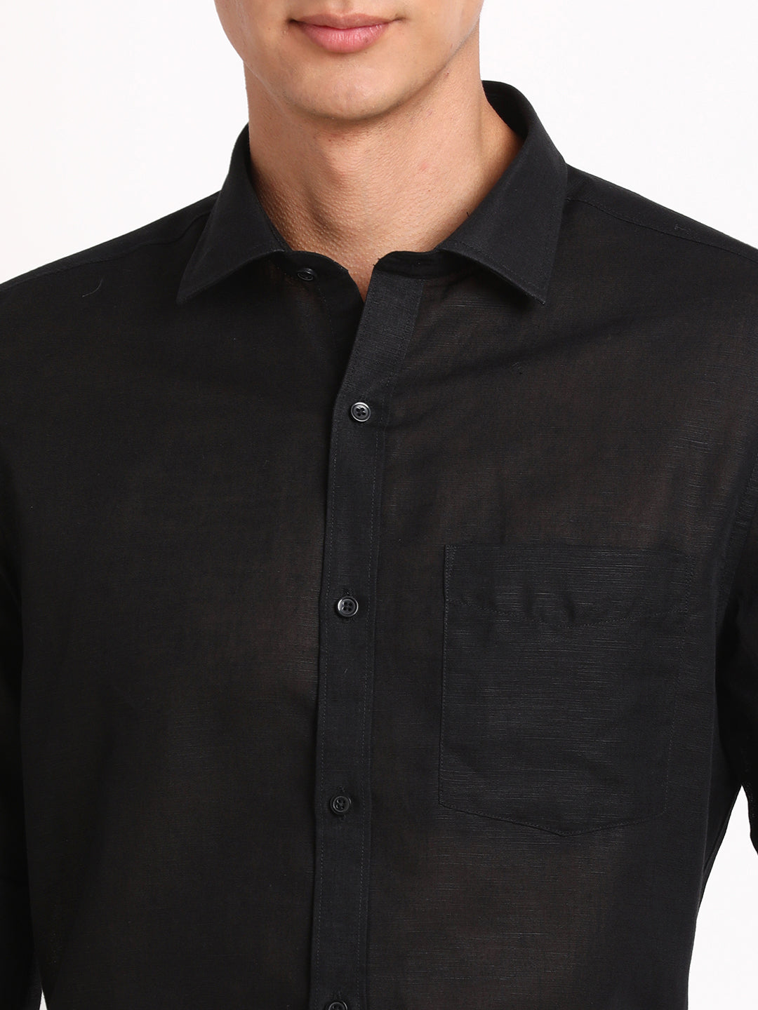 Cotton Linen Black Plain Slim Fit Full Sleeve Formal Shirt