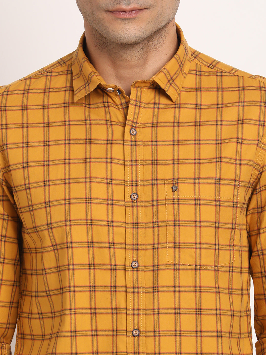 Cotton Yellow Checkered Full Sleeve Casual Shirt