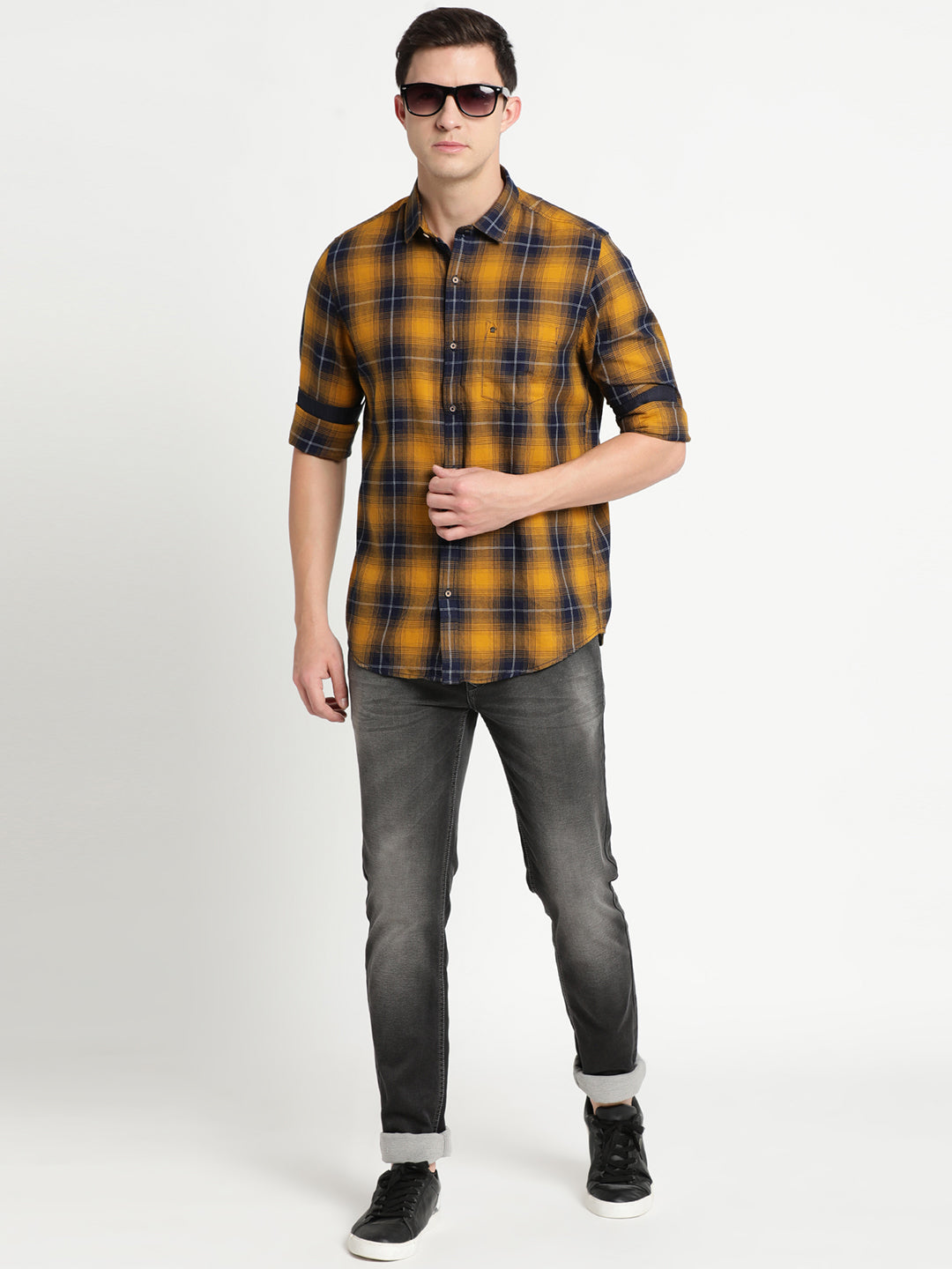 100% Cotton Yellow Checkered Slim Fit Full Sleeve Casual Shirt