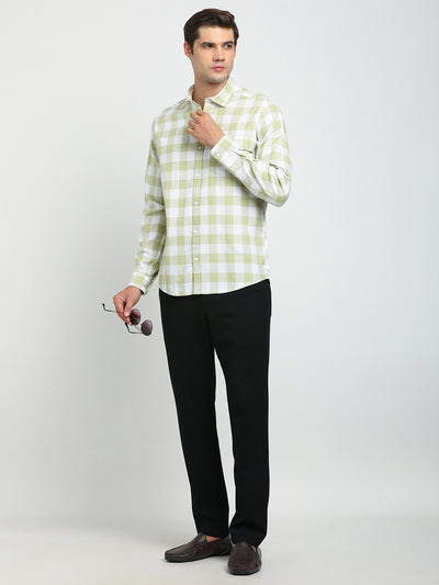 100% Cotton Pista Checkered Slim Fit Full Sleeve Casual Shirt