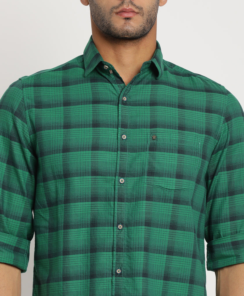 100% Cotton Green Checkered Slim Fit Full Sleeve Casual Shirt