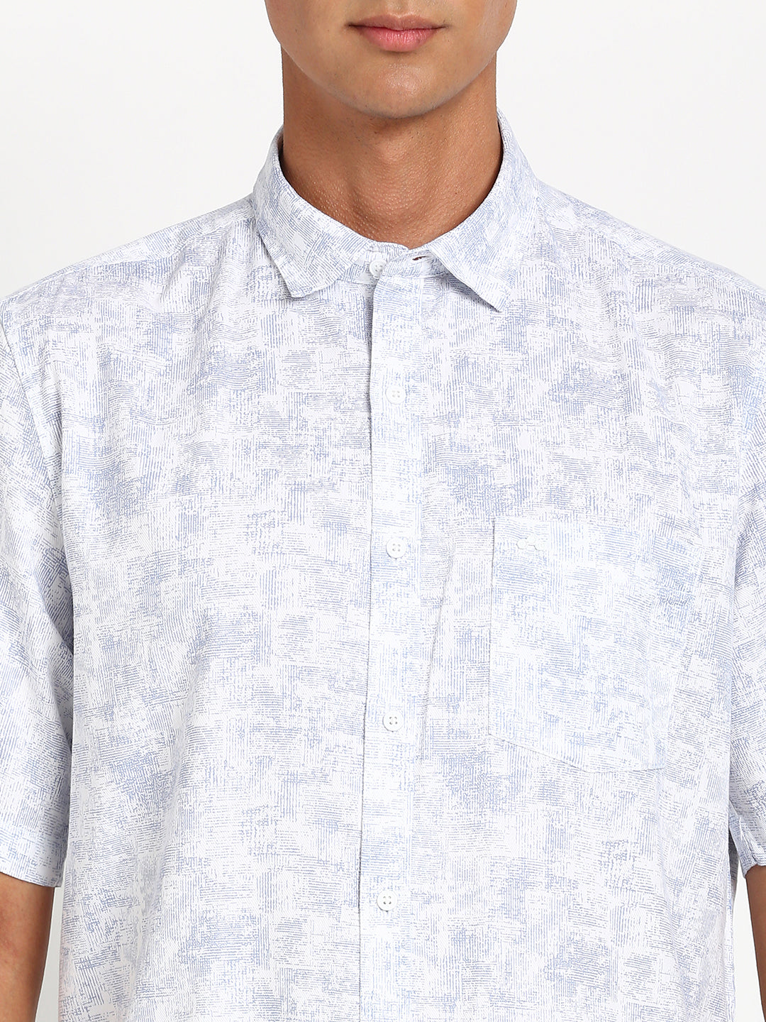 Cotton Tencel White Printed Slim Fit Half Sleeve Casual Shirt