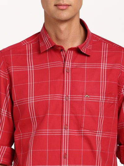 100% Cotton Red Checkered Slim Fit Full Sleeve Casual Shirt