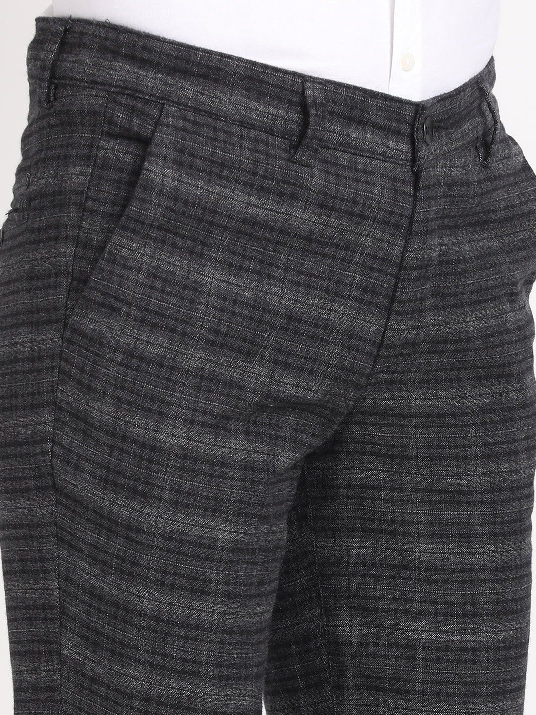 Cotton Stretch Grey Checkered Narrow Fit Flat Front Casual Trouser