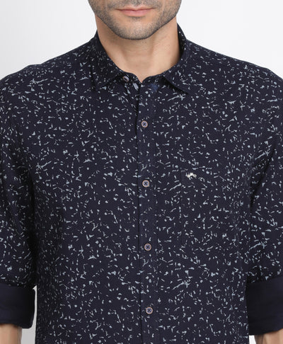 100% Cotton Indigo Navy Blue Printed Slim Fit Full Sleeve Casual Shirt