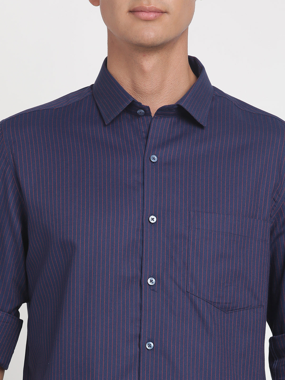 100% Cotton Navy Striped Slim Fit Full Sleeve Formal Shirt