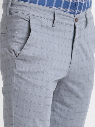 Cotton Stretch Grey Checkered Narrow Fit Flat Front Casual Trouser