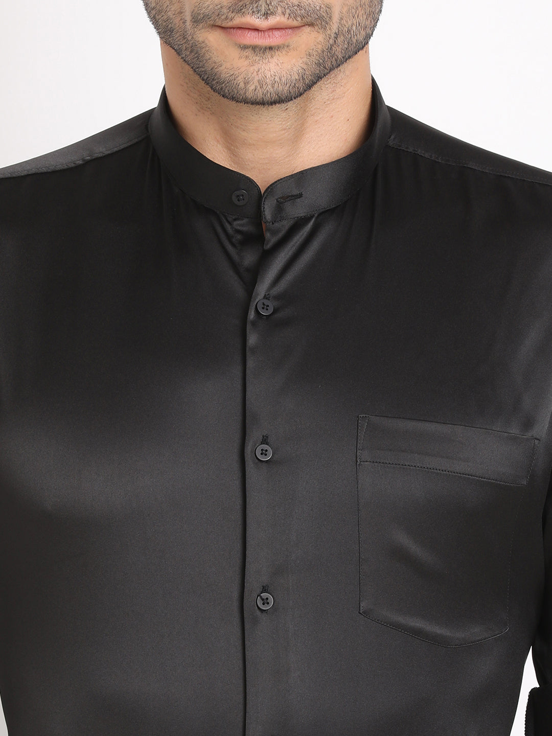 Cotton Black Plain Regular Fit Mandarin Collar Formal Shirt