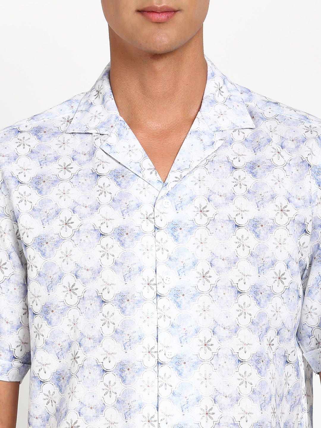 Cotton Blue Printed Slim Fit Half Sleeve Casual Shirt