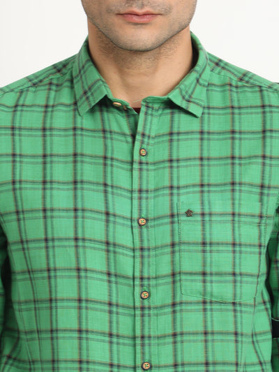 Cotton Viscose Green Checkered Slim Fit Full Sleeve Casual Shirt