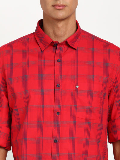 100% Cotton Red Checkered Slim Fit Full Sleeve Casual Shirt