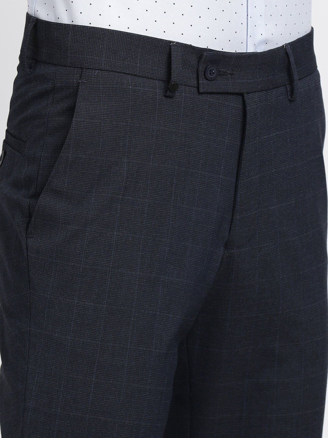 Poly Viscose Stretch Navy Blue Checkered Slim Fit Flat Front Formal Trouser