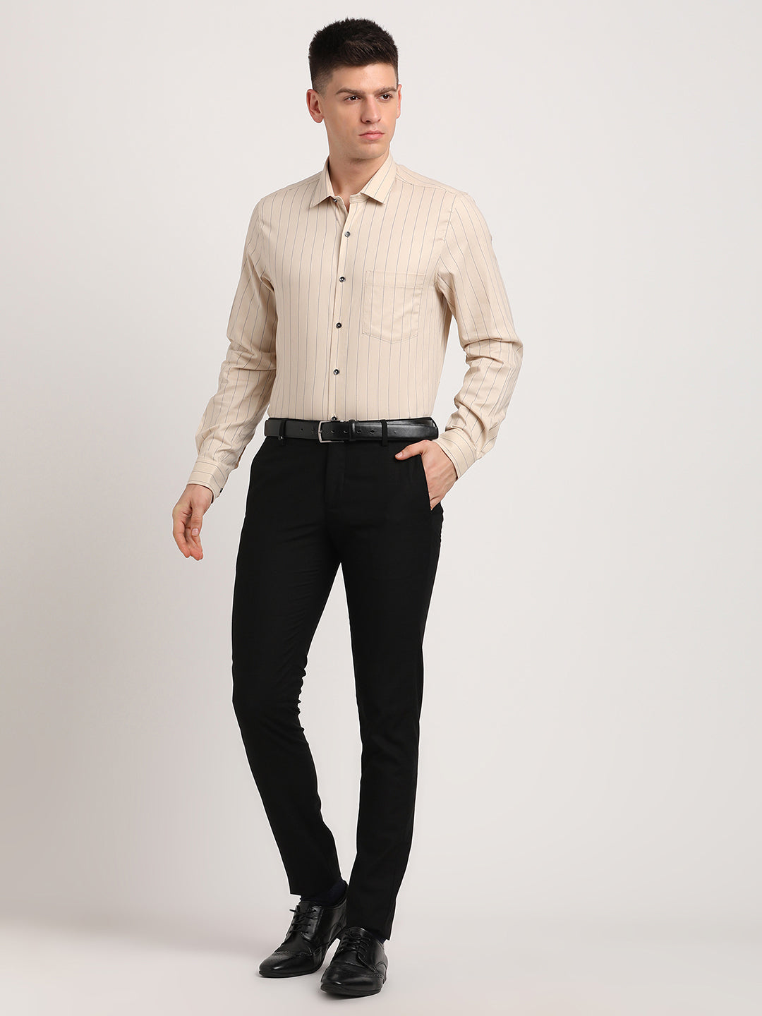 100% Cotton Beige Striped Slim Fit Full Sleeve Formal Shirt