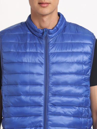 Nylon Blue Plain Regular Fit Sleeve Less Casual Windcheater