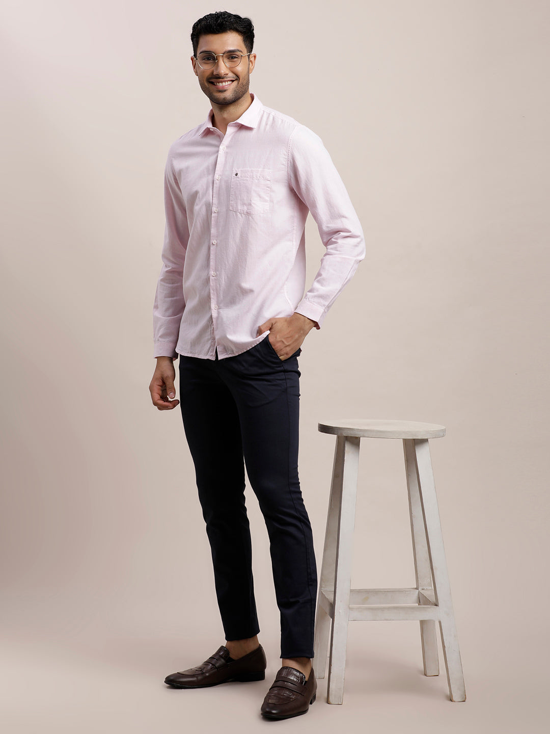 Cotton Linen Light Pink Plain Slim Fit Full Sleeve Casual Shirt