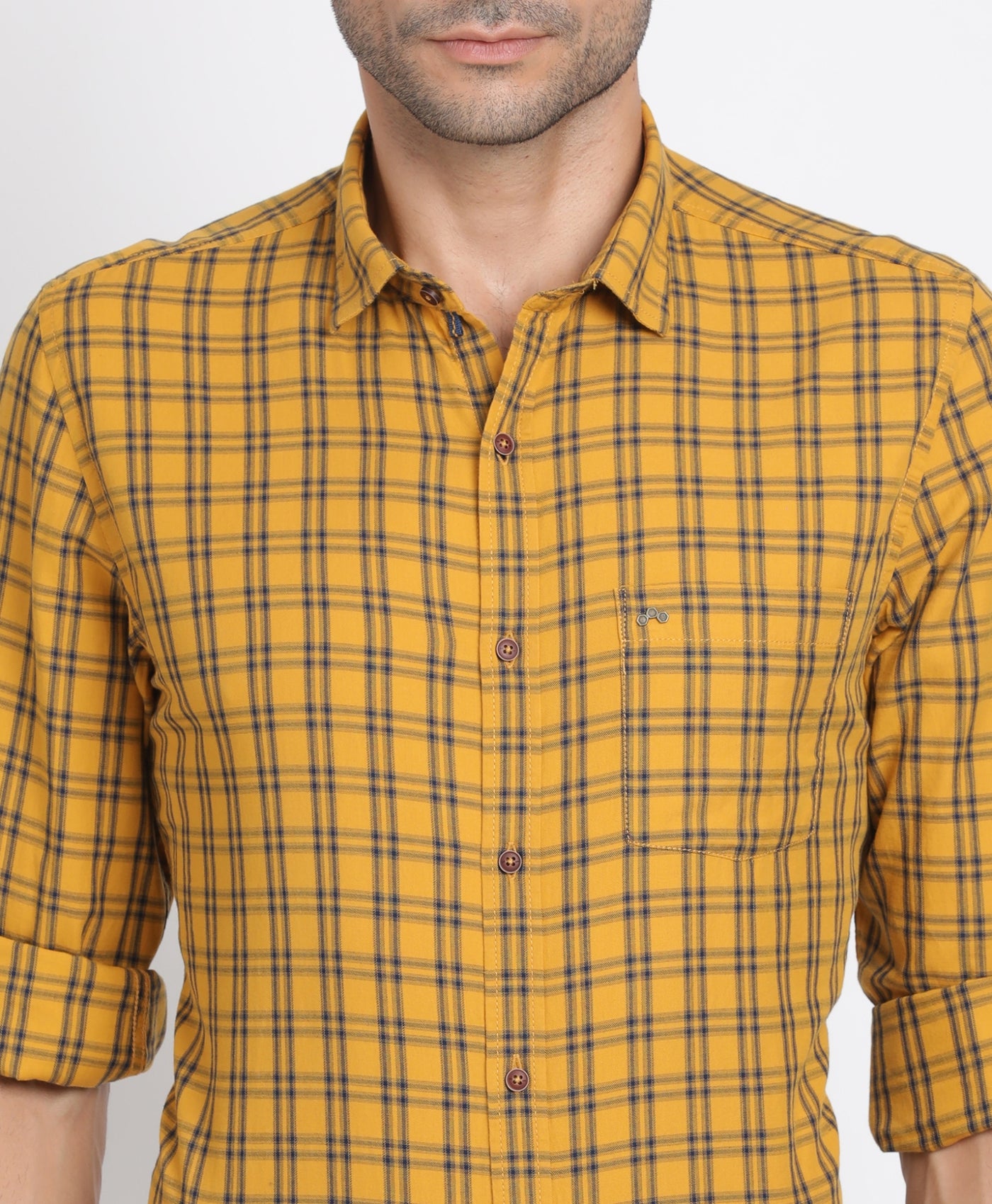 Cotton Lyocell Yellow Checkered Slim Fit Full Sleeve Casual Shirt