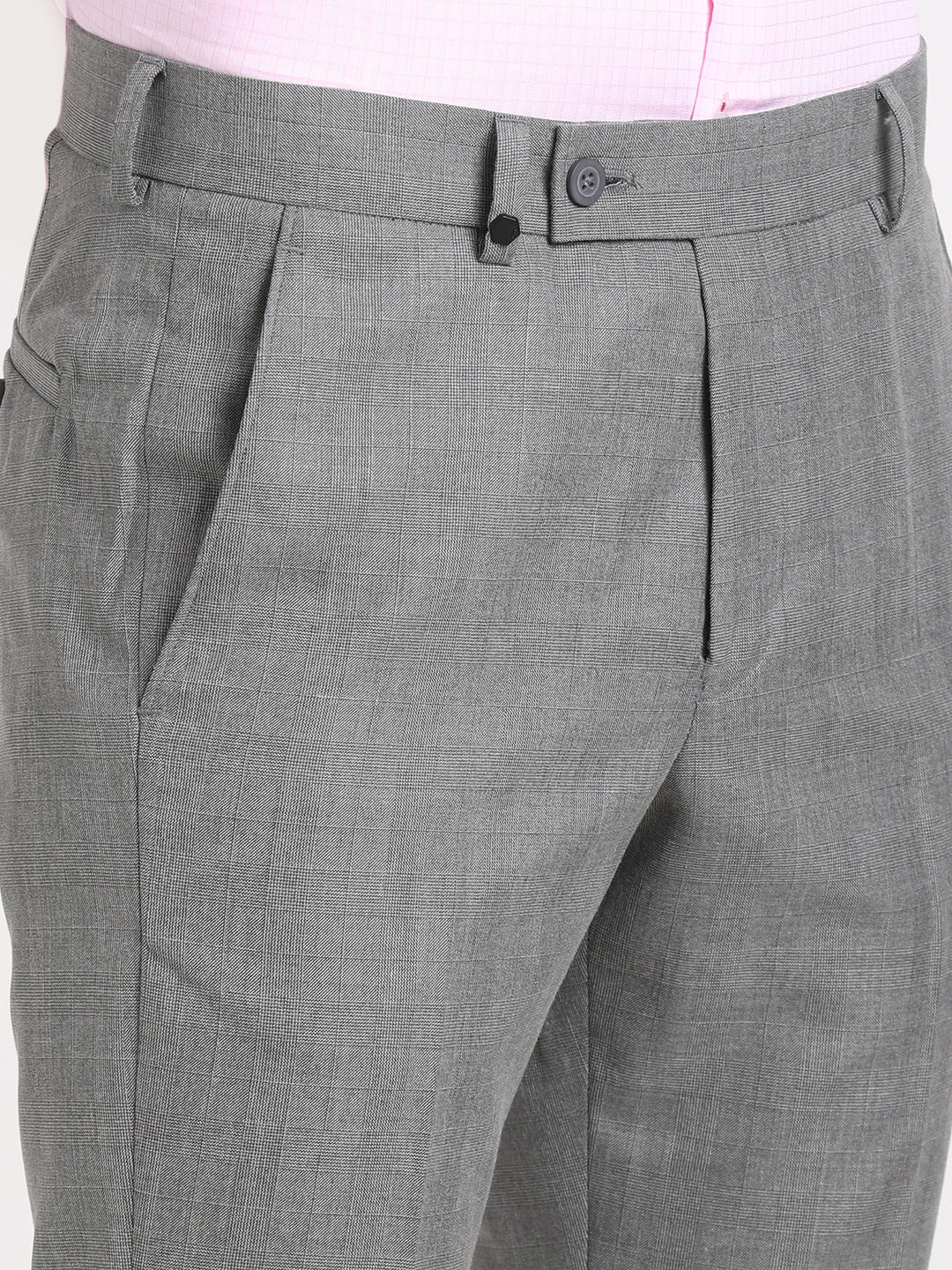 Poly Viscose Stretch Grey Checkered Ultra Slim Fit Flat Front Formal Trouser