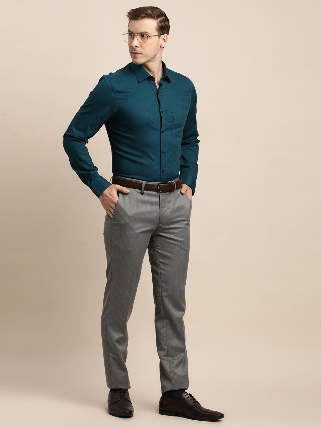 Poly Viscose Stretch Grey Dobby Slim Fit Flat Front Formal Trouser