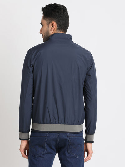 Nylon Grey-Navy Plain Regular Fit Full Sleeve Casual Reversible Windcheater