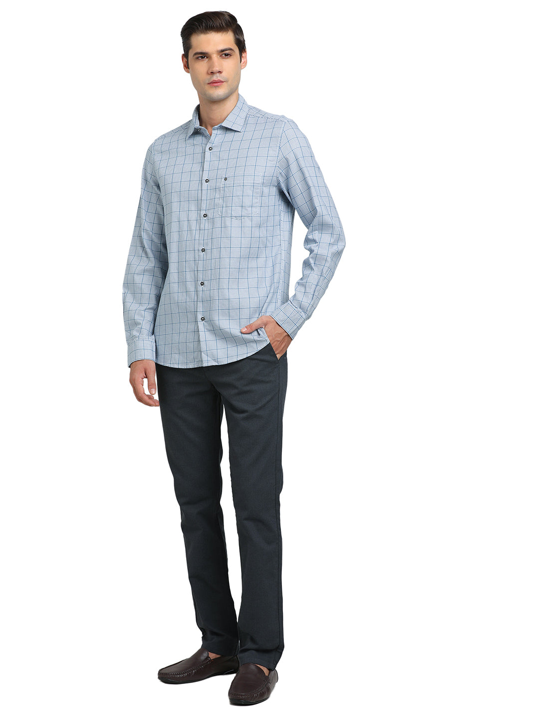 100% Cotton Light Blue Checkered Slim Fit Full Sleeve Casual Shirt