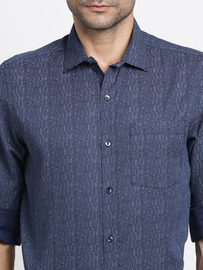 Cotton Tencel Navy Blue Printed Slim Fit Full Sleeve Formal Shirt