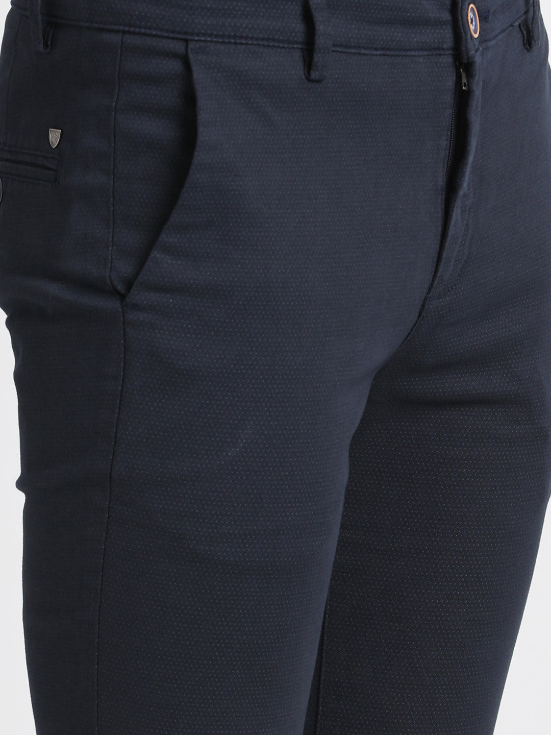 Cotton Stretch Navy Printed Ultra Slim Fit Flat Front Casual Trouser