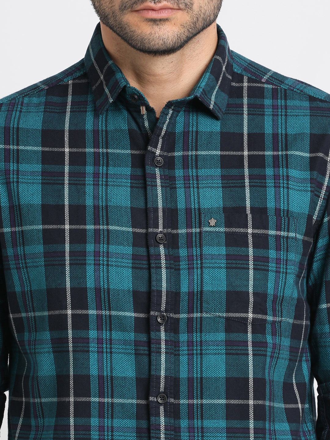 Cord Dark Blue Checkered Slim Fit Full Sleeve Casual Shirt